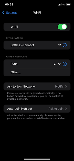 Phone Wi-Fi settings showing the archived Baffless-connect setup network